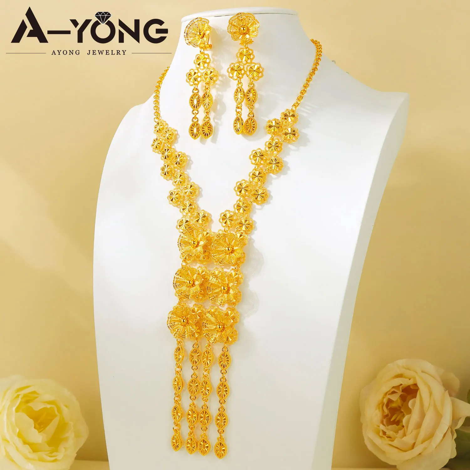 Äthiopisches Brautschmuck-Set Luxuriöses Arabisches Blumenmuster Verzierte Halskette Ohrringe Algerien Damen Event Party Schmuck