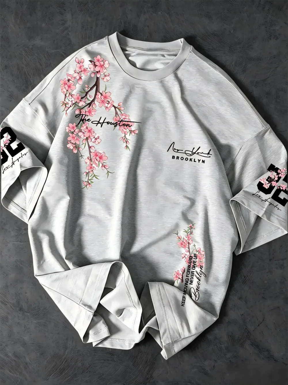 American men's summer Brooklyn cherry blossom letter print comfortable and breathable round neck T-shirt outdoor casual top