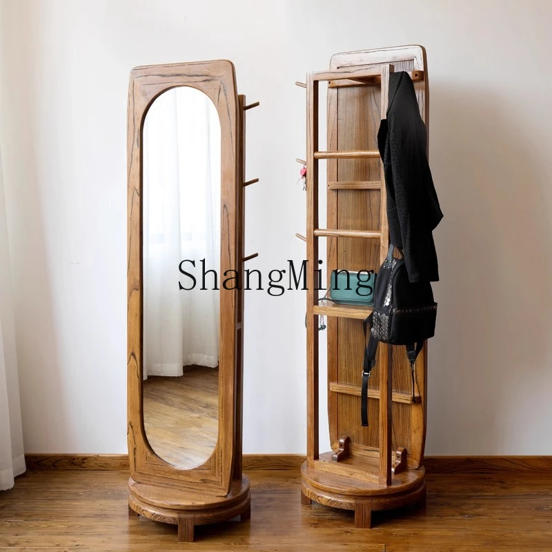 

SM solid wood rotating floor mirror household wearing changing mirror bedroom furniture storage hanging clothes multi-function