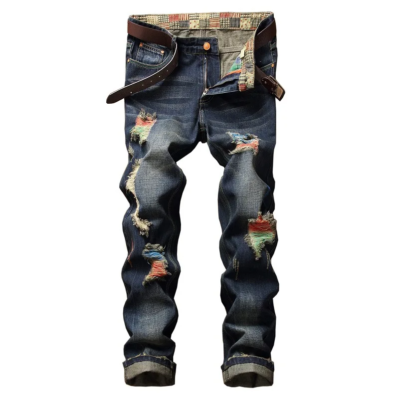

Men Ankle Length Denim Pants Jean Washed Jean Straight Trousers Zipper Fly Loose Distressed Pockets Spliced Streetwear New 2025