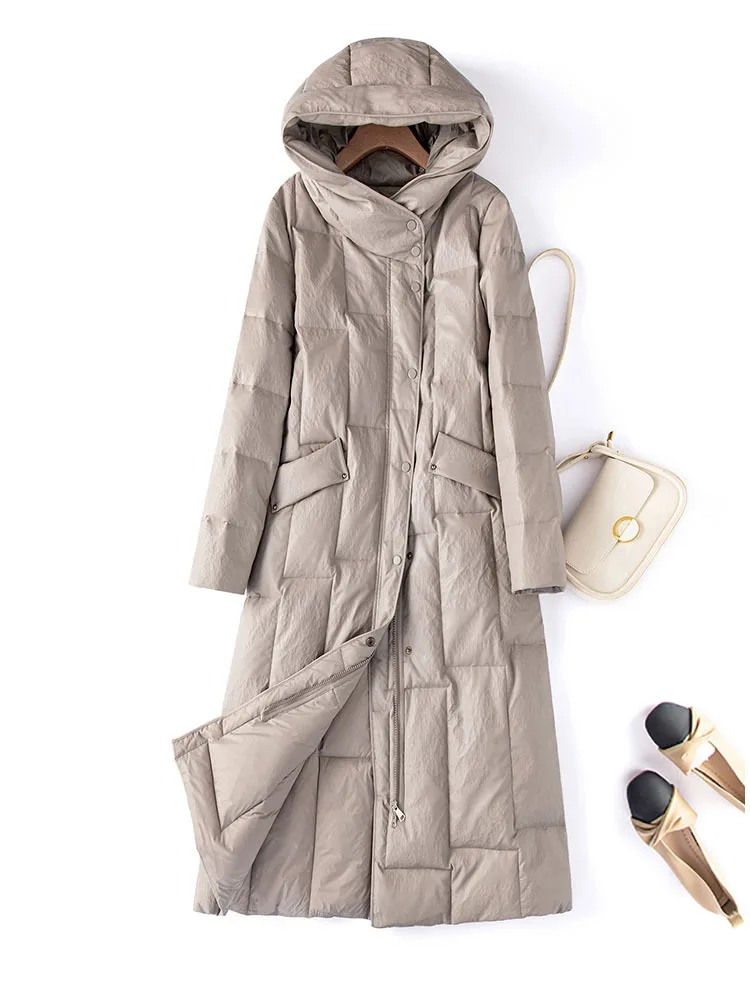 Wintet Women Hooded Genuine Leather Down Coat Thicken Warm Outerwear Slim Zipper High Street Office Ladies Sheepskin Long Jacket