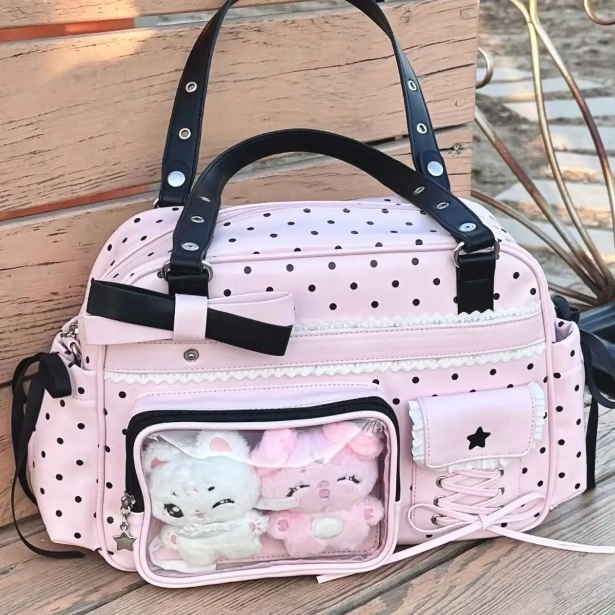 

New Japan-Inspired Spring-Colored Cute & Sweet Polka Dot Large Capacity Transparent Badge Plush Backpack, Women's College Style Five-Pointed Star Bow Shoulder Crossbody Bag, Suitable For Parties, Conventions, Gifts For Friends, Holidays