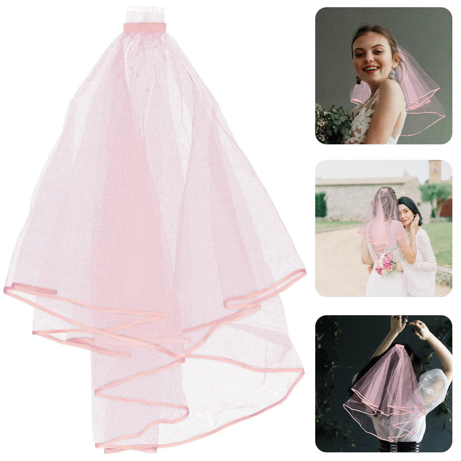 Véu de noiva curto de cetim, camada dupla, leve, faixa de cabeça para casamento, acessórios para festa de despedida de solteira, véu pequeno