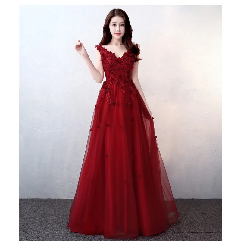 2026 New Women's Sexy V-neck Embroidered Bridal Wine Red Toast Evening Dress Fashionable Slimming Banquet Slimming Long Dress