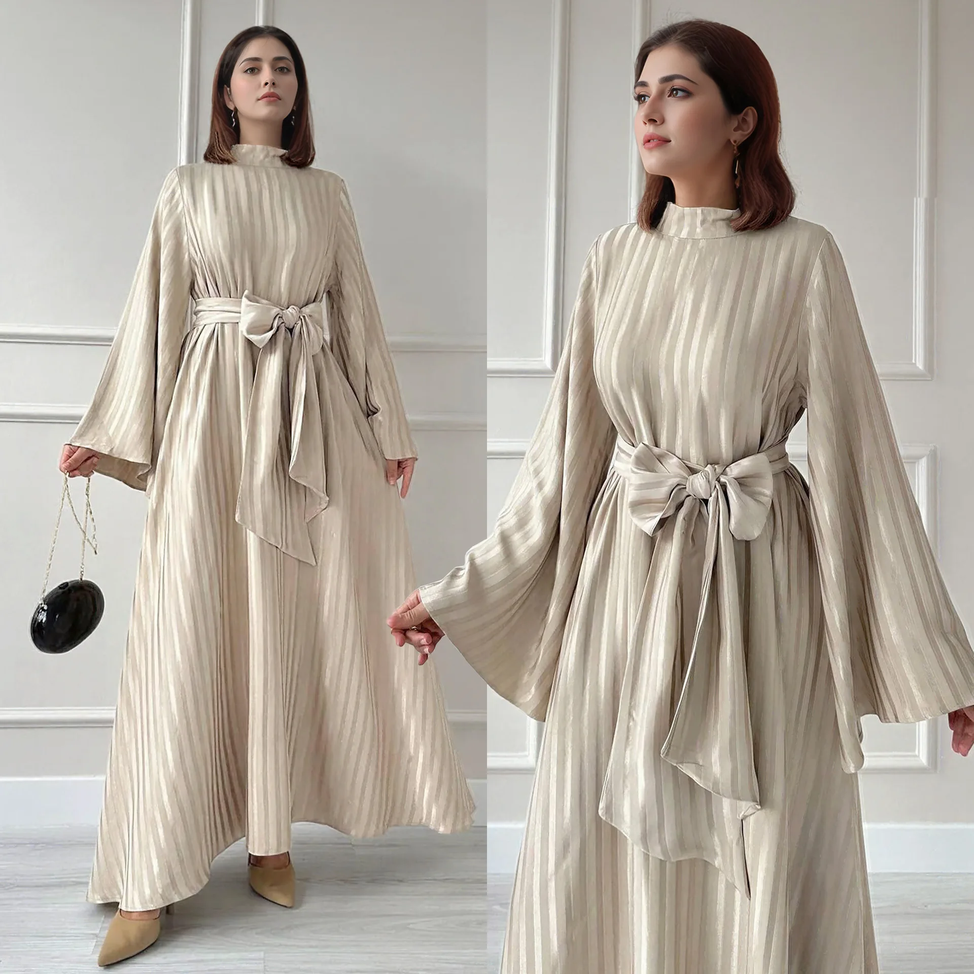 

Платье Абая Женщины Ид Вечерние Длинные Платья Vestidos Расклешенные Рукава Пояса Мусульманский Кафтан Марокко Дубай Ислам Халат Джалабия Рамадан