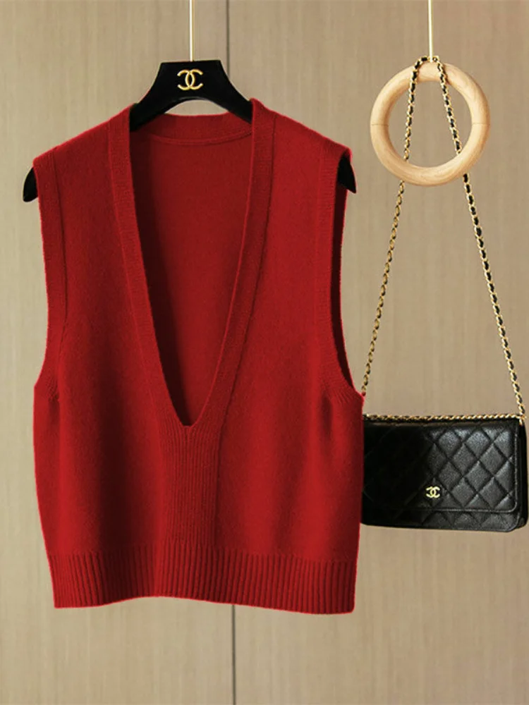 เสื้อกั๊กไหมพรมคอวีแฟชั่น สำหรับฤดูใบไม้ผลิและฤดูใบไม้ร่วง เสื้อกั๊กไหมพรมผู้หญิง ทรงเข้ารูป สวมใส่เป็นเสื้อคลุมได้  ความยาวครึ่งตัว