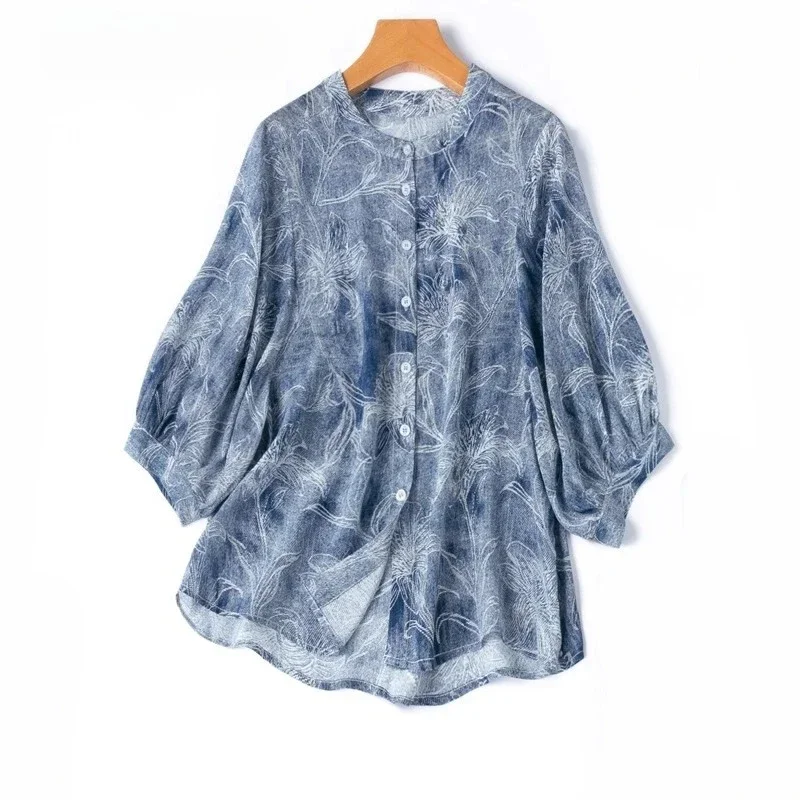 Engraved Pattern Denim Texture 100% Natural Mulberry Silk Crepe De Chine Stand Up Collar Lantern Sleeves Loose Casual Shirt