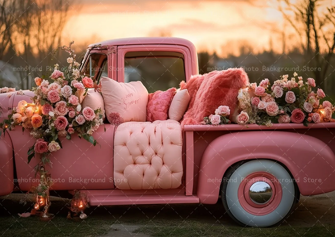 Mehofond Photography Background Romantic Valentine's Day Rose Pink Car Sunset Candlelight Kids Family Portrait Backdrop Decor