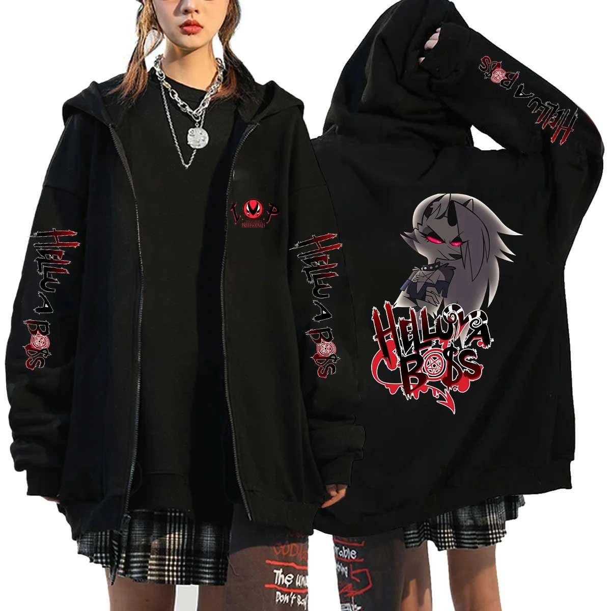 Sudadera con capucha para amantes del anime, estilo Helluva Boss, estampado 2D negro, informal