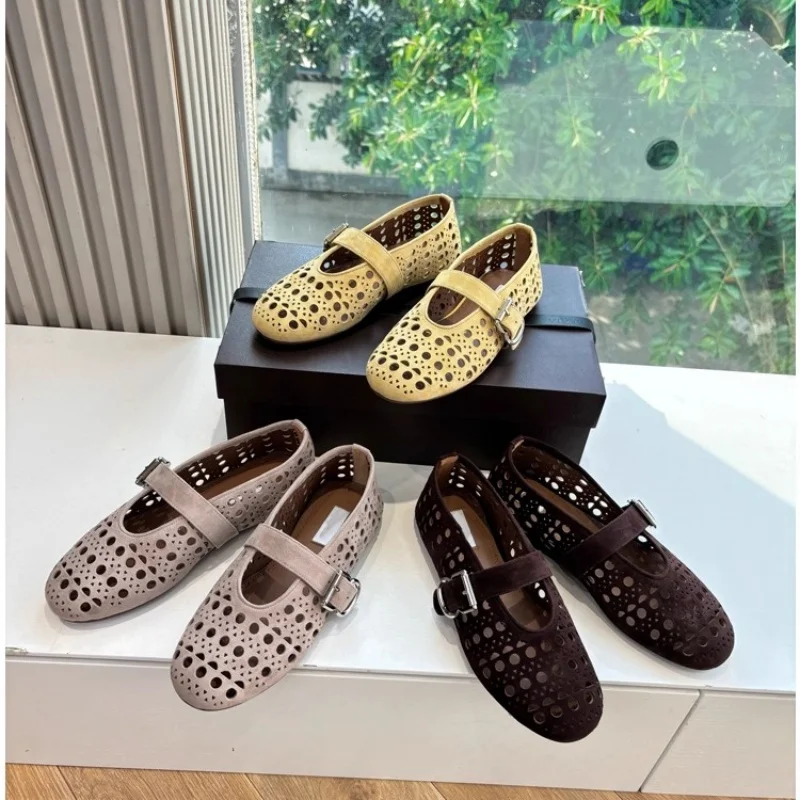Alta costura 2025, novedad de verano, zapatos de Ballet Mary Jane con correa de Agujero hueco de cuero genuino esmerilado a la moda para mujer