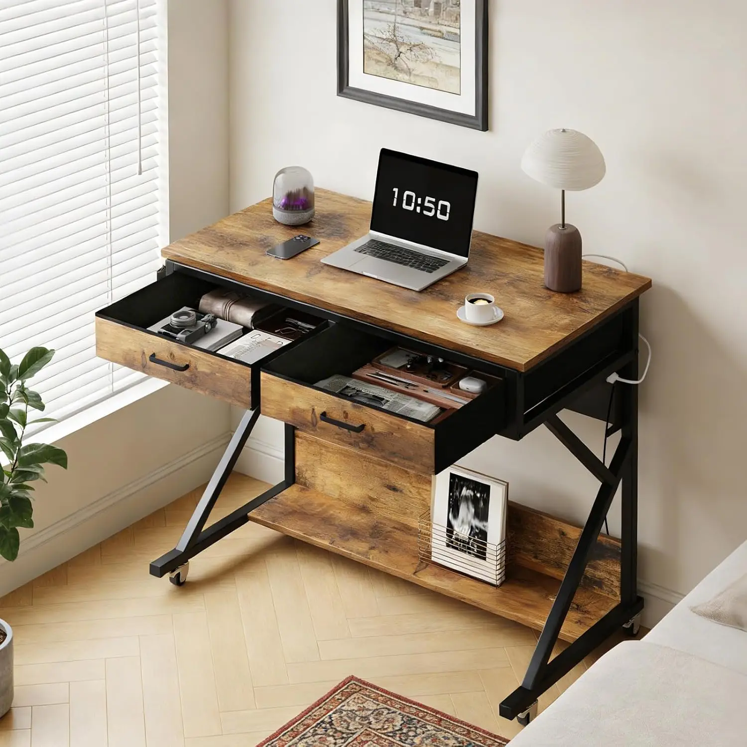 Rolling Desk with Wheels & Charging Station, LED Lights & Hutch, Drawers & Shelves for Home Office, 39.4