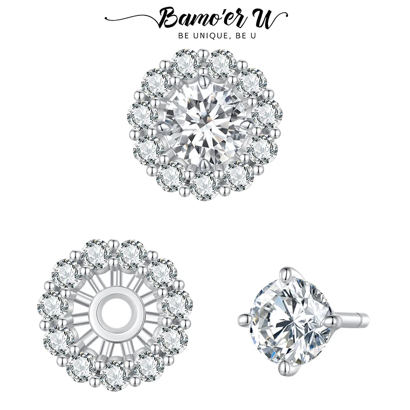 Bamoer U Flower-Shaped Moissanite Halo Earrings Detachable Round Cut Lad Diamond Ear Stud for Women Wedding Fine Jewelry Gift