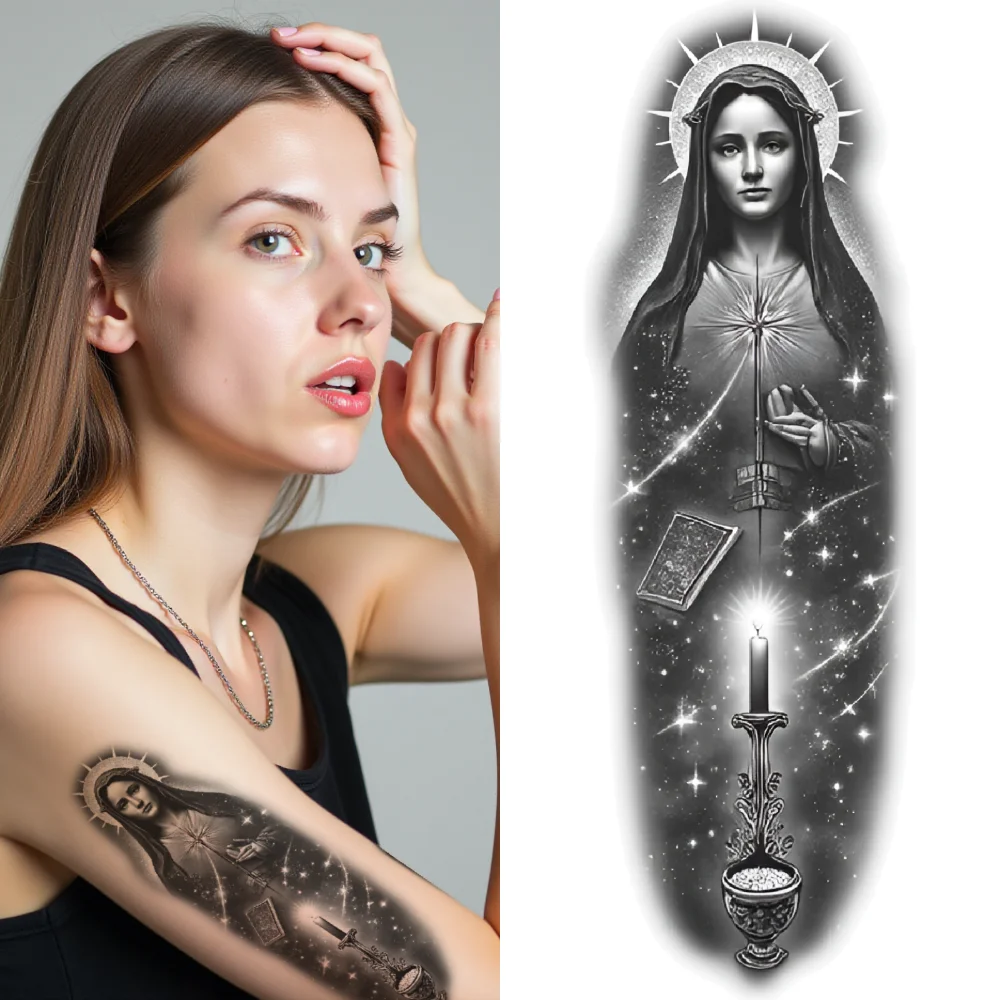 

3pcs Temporary Tattoo Praying Saints Waterproof Long-lasting Body Stickers Angel With Saints Cross With Candle For Adults Men