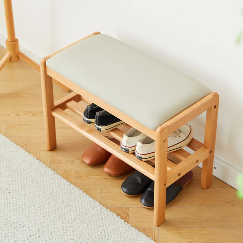 Top Premium Solid Wood Shoe Bench with Soft Cushion, Scandinavian Beech Entryway Stool, Sturdy and Comfortable for Home Entrance