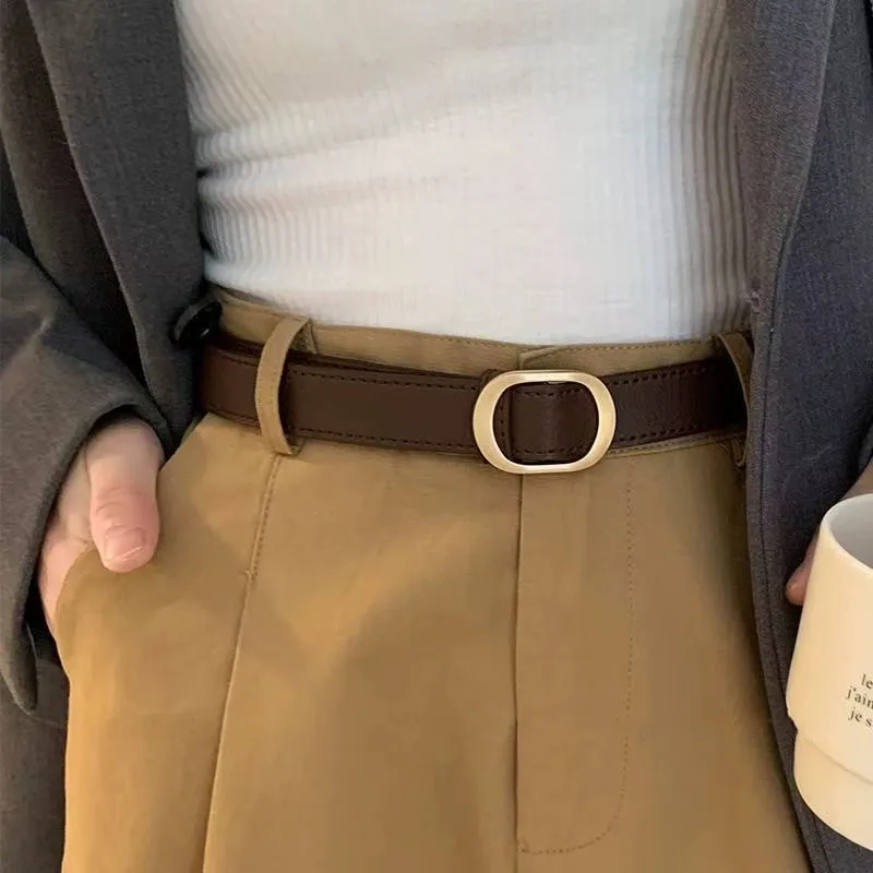 Korean retro metal buckle belt for women; ins jeans with no holes; versatile and simple belt for students; popular trend.