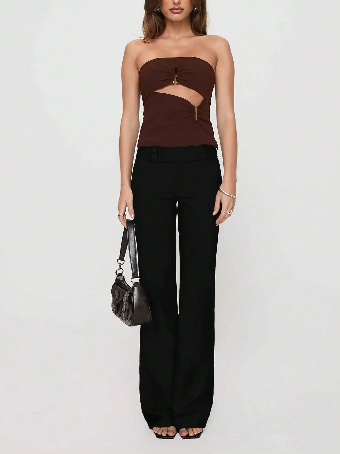 Women Low Drop Waist Casual Work Business Waist Button Design Elastic Waist Color Block Striped Long Pants Suitable for Office