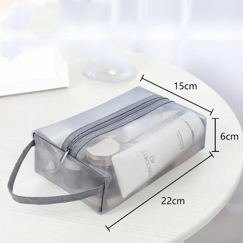 1pc Zipper Make Up Toiletry Wash Bags Women Travel Gray Mesh Cosmetic Bag Transparent Mesh Makeup Case Organizer Storage Pouch