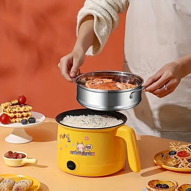 Multifunctional Electric Hot Pot,Electric Steaming Pot,Anti Dry Burning Single Layer Double Layer Electric Boiling Pot,Yellow