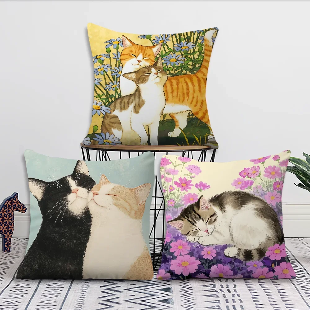 Fashion Cute Kitten Kawaii Cat Flower Cushion Cover Soft Pillow Case Sofa Living Room Home Office Decor Protective Covers