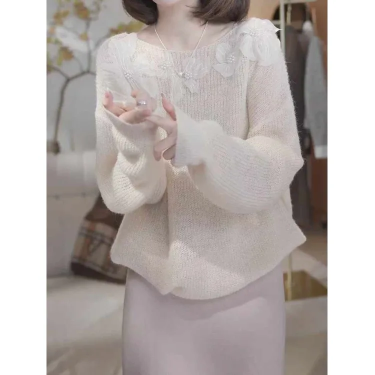 

Мягкий белый свитер с цветочными бусинами для женщин, осенняя новинка, свободный крой, из полиэфирного волокна, однотонный, вязаный