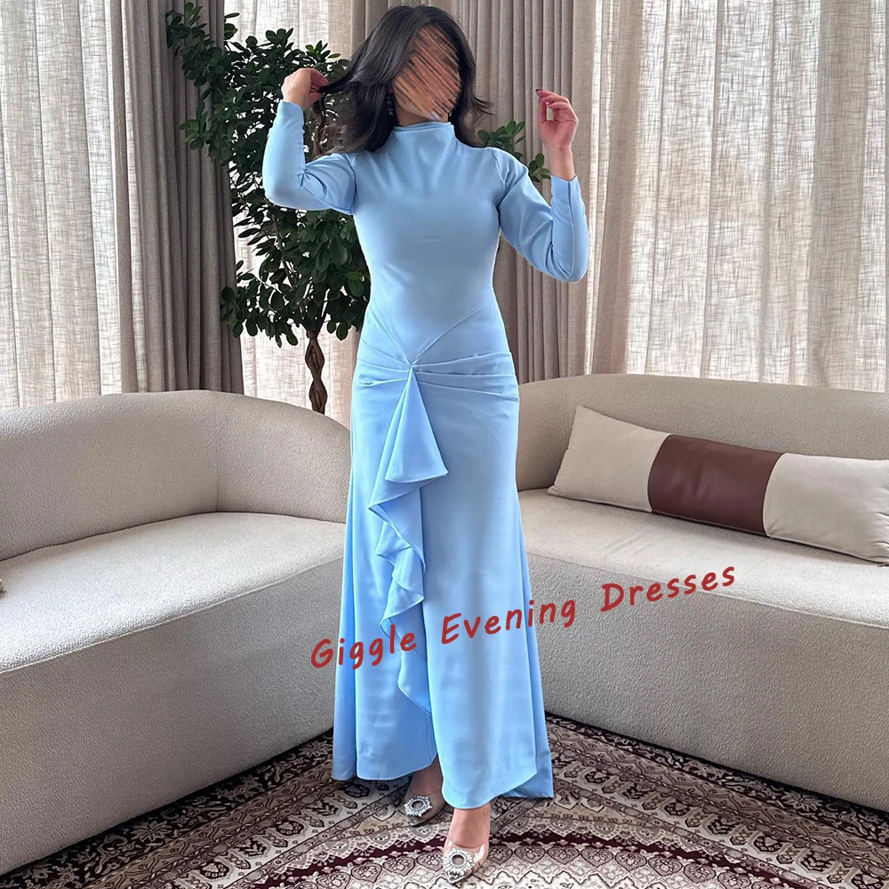 

Giggle Crepe Mermaid Elegance Simple Pleat Prom Gown Saudi Arab Floor Length High Necking Formal Evening Party Dresses for Women