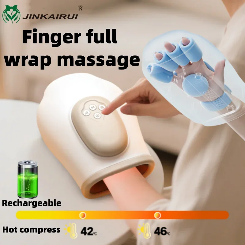 Jinkairui المحمولة اليد مدلك وسادة هوائية تدليك الاصبع مع ضغط ساخن العلاج العجن لتخفيف التعب المفاصل المعصم النخيل