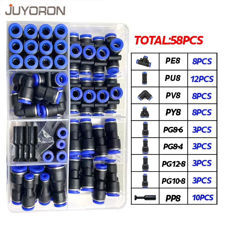 58Pcs/Box PU/PG/PE/PY/PV PP Plug Pneumatic Connectors Kit 8mm Outer Diameter of the Hose Pipe Tube Air Compressor Parts