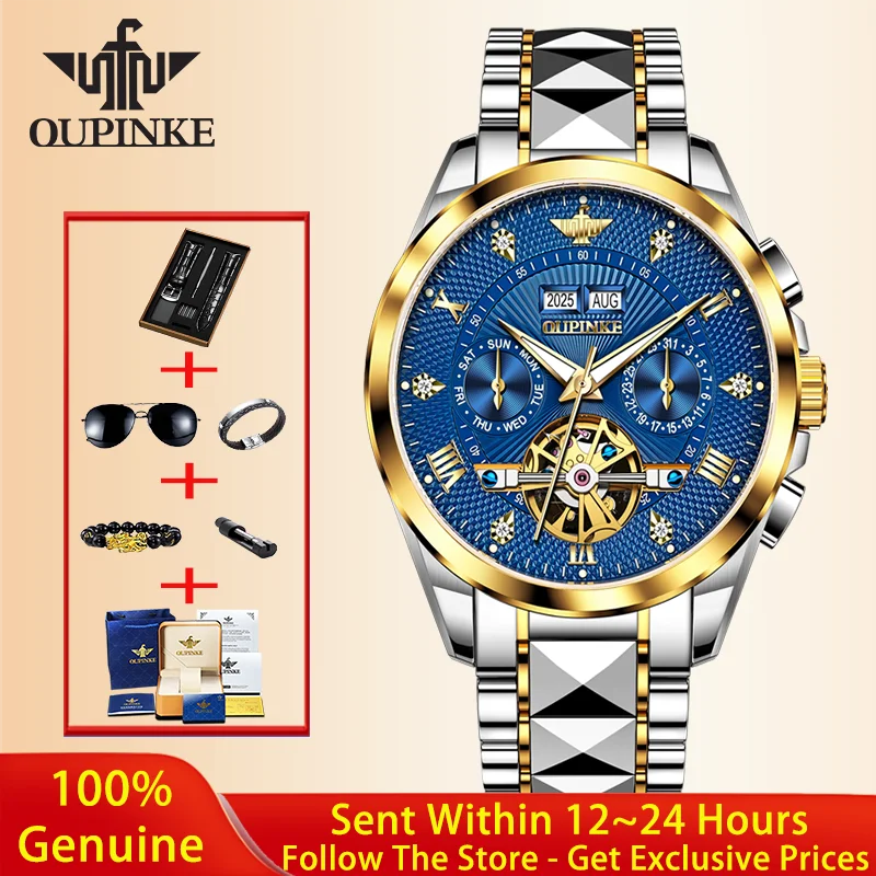 

OUPINKE Automatic Mechanical Watch Luxury Brand Tungsten Steel Hollow Men Watch Calendar Roman Scale Waterproof Men Watch 3270