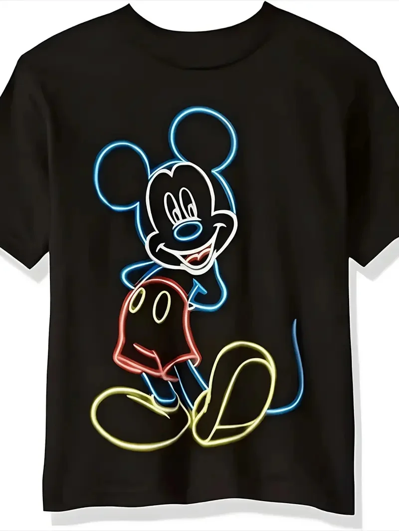 

2025 Disney Pattern Printed Women's Casual Comfortable Unique Smiling Face Black Round Neck Short Sleeve T-shirt