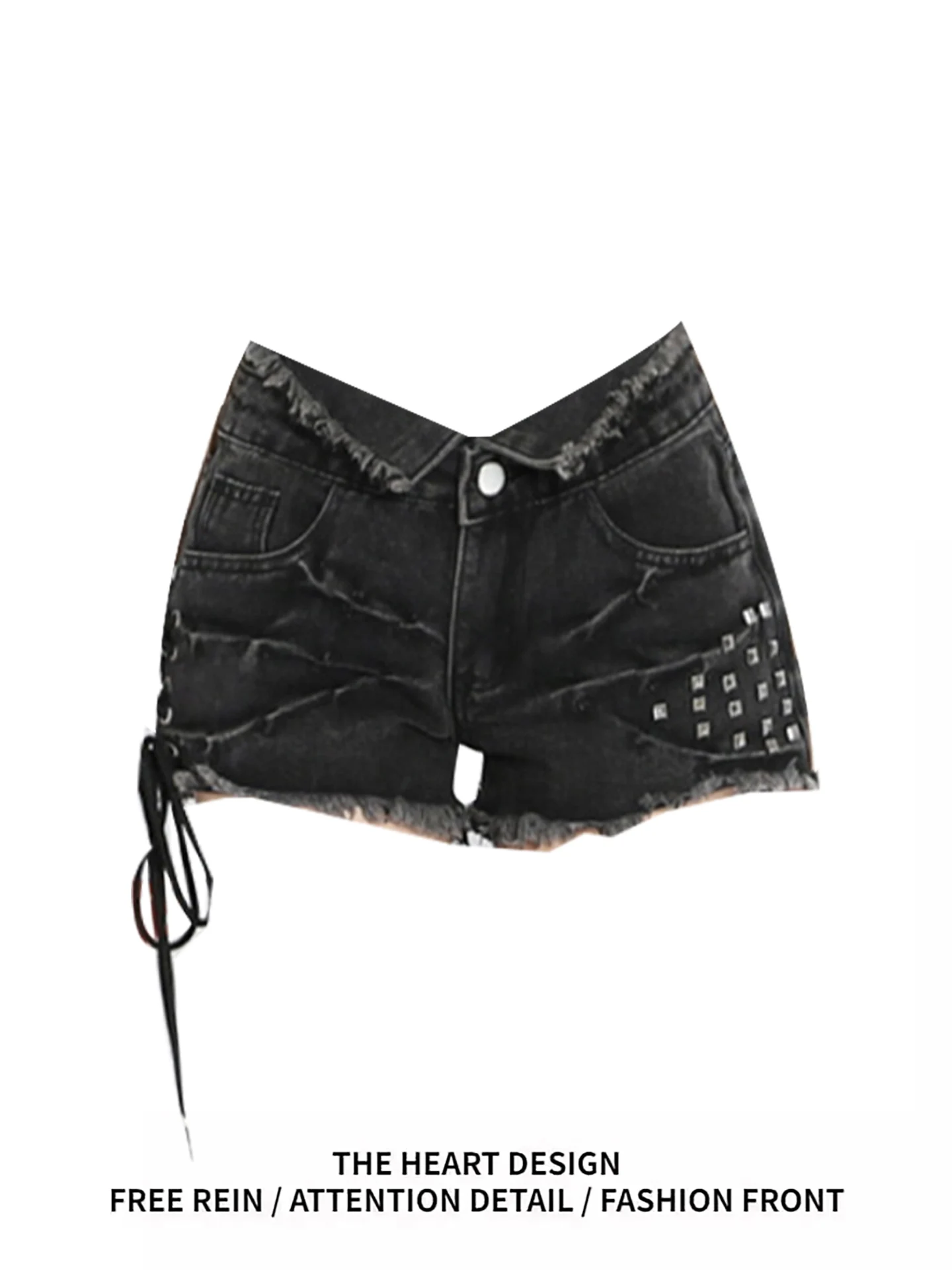 

Ретро-джинсовые шорты с заклепками и рваными краями для женщин, лето 2025, новинка, американский дизайн с завязками, модные шорты с высокой талией, широкие, L...