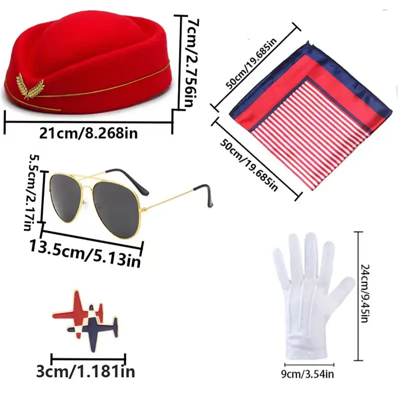Stewardess Role Play Costume Accessories Set for Women Scarf Hat Gloves Brooch Glasses Case Party Dress Up Outfit