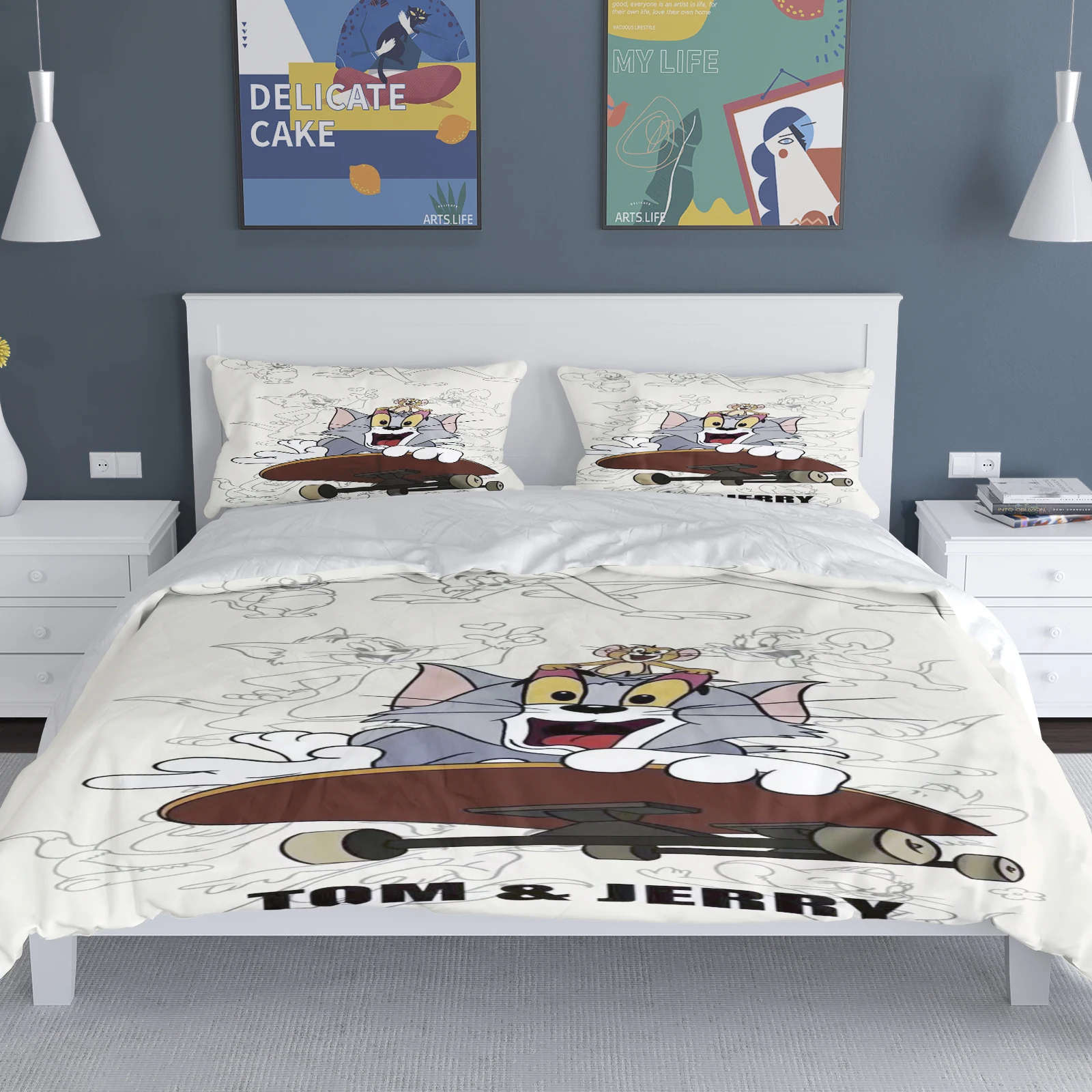 Duvet Cover Tom Cats Set for Childern Home Boys Girls Cartoon Co-branded Jerry Mouse Modern  2 Piece Bedding Sets