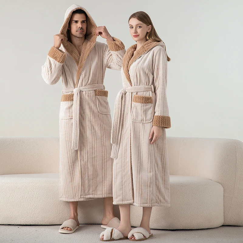 Men's Luxury Winter Thicken Warm Long Jacquard Flannel Fleece Hooded Bathrobe Male Elegant Beige Nightgown Coral Velvet Pajamas