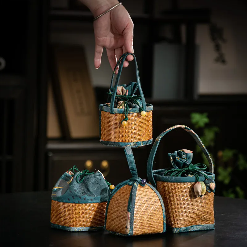 Japanese-style Rattan Woven Master Cup Storage Bag Chinese Style Teacup Teapot Organizer Bags Travel Outdoor Drawstring Pocket