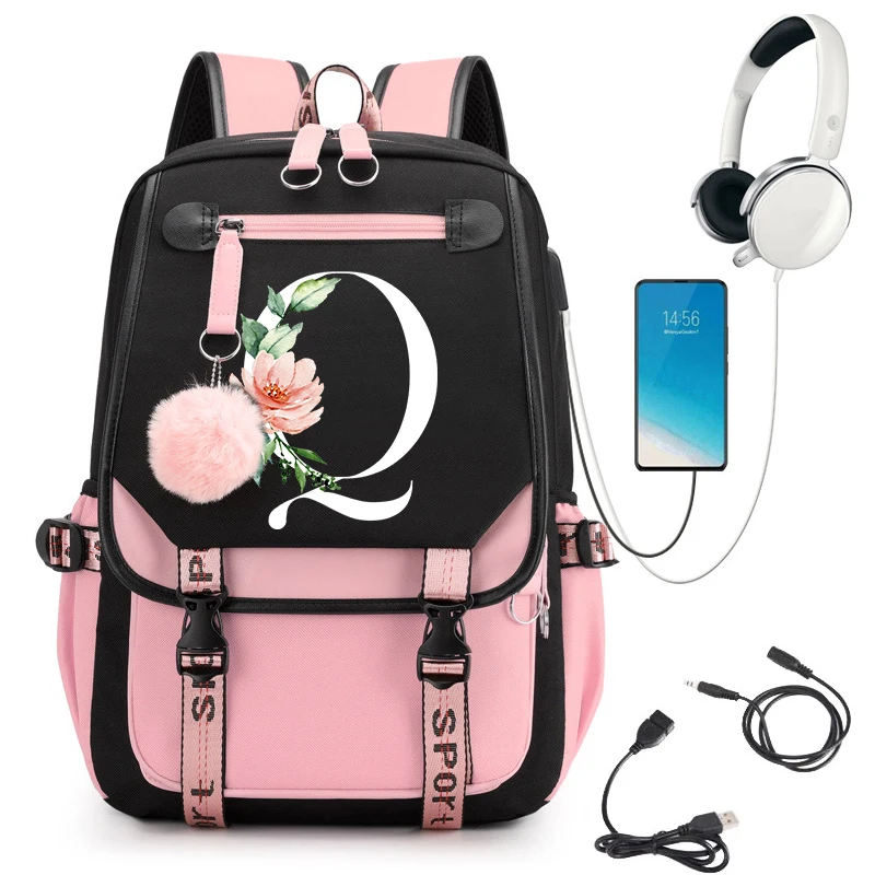 Female Travel Backpacks for School Bag 26 Floral Alphabet Backpack Girls Sports Cartoon Backpacks for Women School Bag for Girls