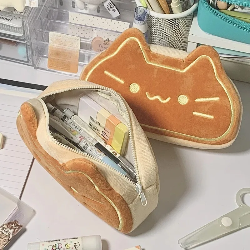 Cute Caramel Bread Cat Plush Pencil Case Kawaii Student Large Capacity Stationery Bags Kawaii Kitten Organizer School Supplies