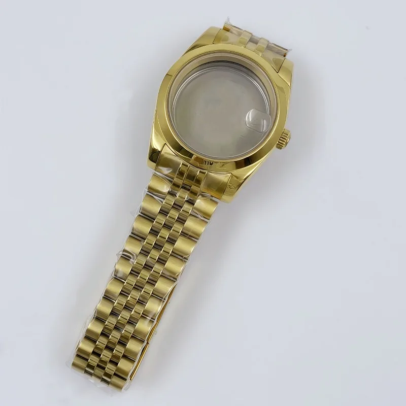For NH35 Case Strap Set 36MM/39MM for Log Oyster Dog Tooth Ring Full Gold Case Set Sapphire Glass
