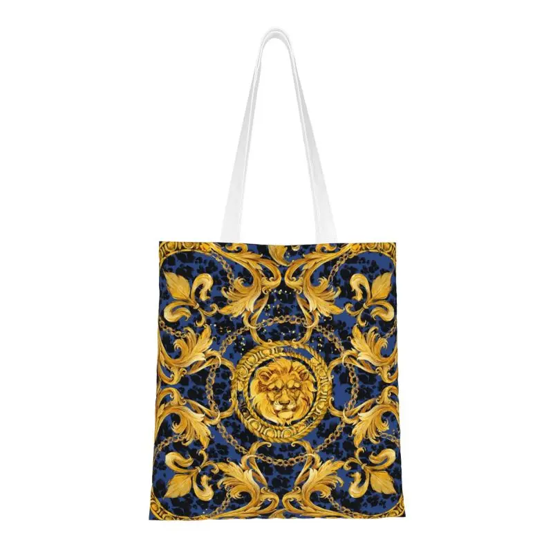 CUSTOM baroque Golden Lion and damask Canvas Shopping BAG Women reusable groceries Tote Shopper bags