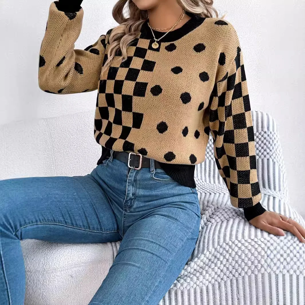 Sweater Polka Dot lengan lentera, 2024 Sweater Pullover lengan lentera kotak-kotak, warna kontras kasual musim gugur dan musim dingin