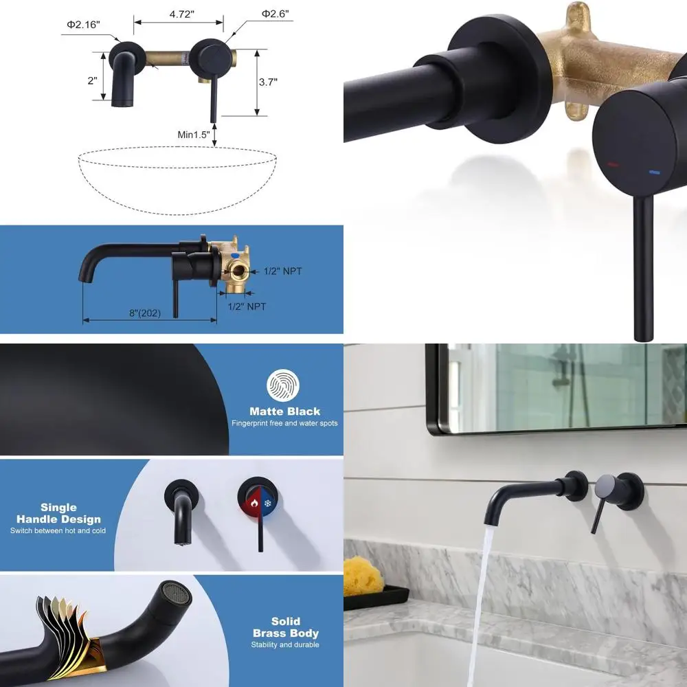 

Matte Black Wall-Mounted Single Handle Bathroom Faucet with Included Rough-in Valve