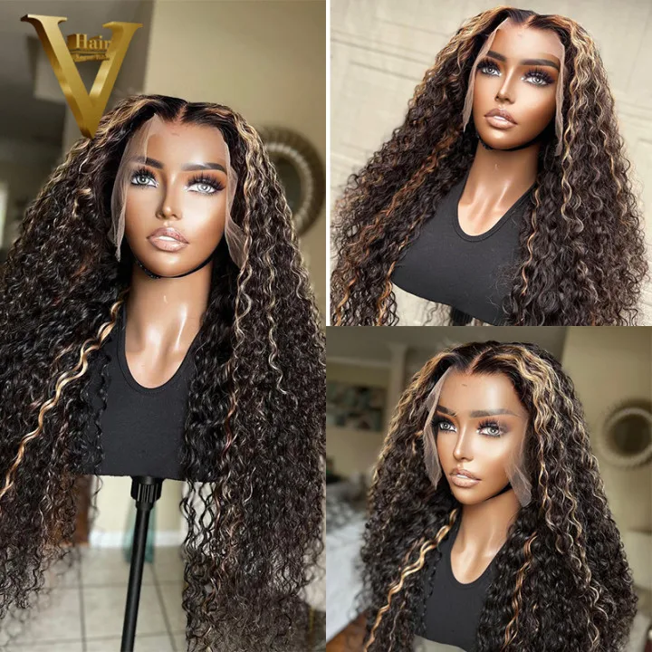 

Highight Omber Blonde Color Wig Deep Curly 13X4 Lace Front Human Hair 4X4 Closure Frontal Wigs Preplucked With Baby Hair Indian