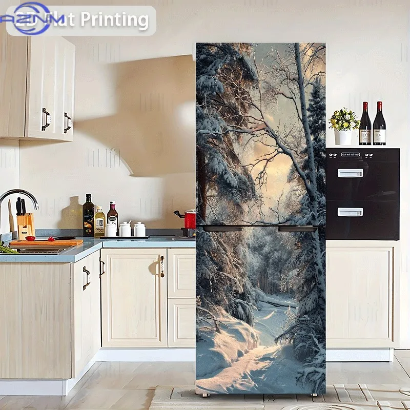 1pc 2D Printed Refrigerator Sticker, Snowy Forest Wall Decal, Self-Adhesive Wallpaper for Cabinets and Wardrobes, Modern Kitch