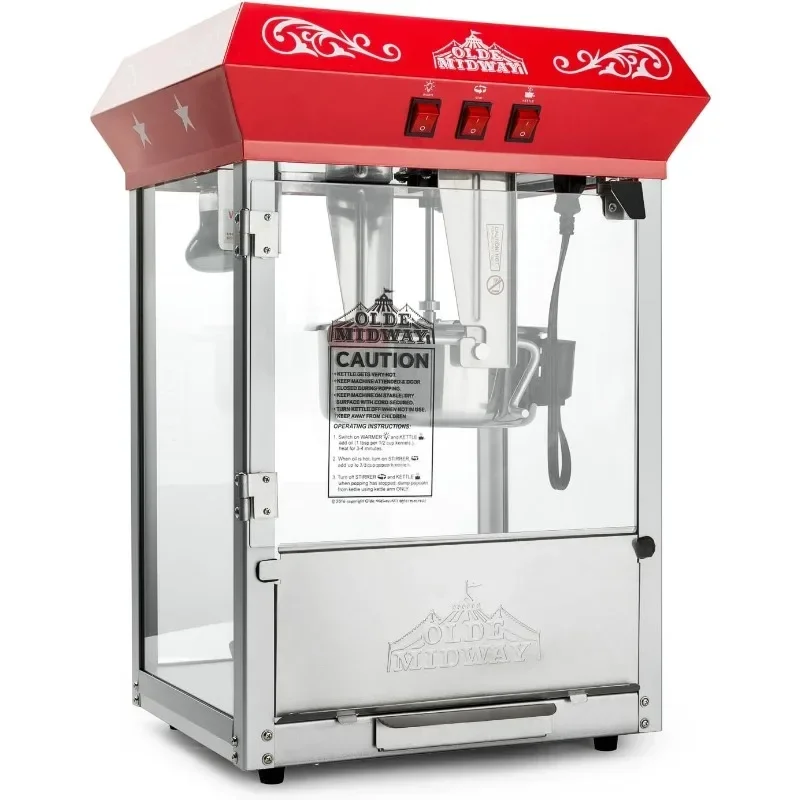 Olde Midway Bar Style Popcorn Machine Maker Popper with 8-Ounce Kettle - Red