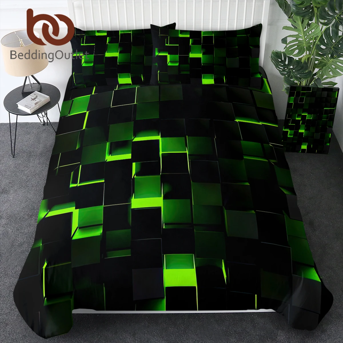 

BeddingOutlet Glowing Light Abstract Geometry Lattice Printed Duvet Cover Set Green Black Digital Dimensional Theme Quilt Set