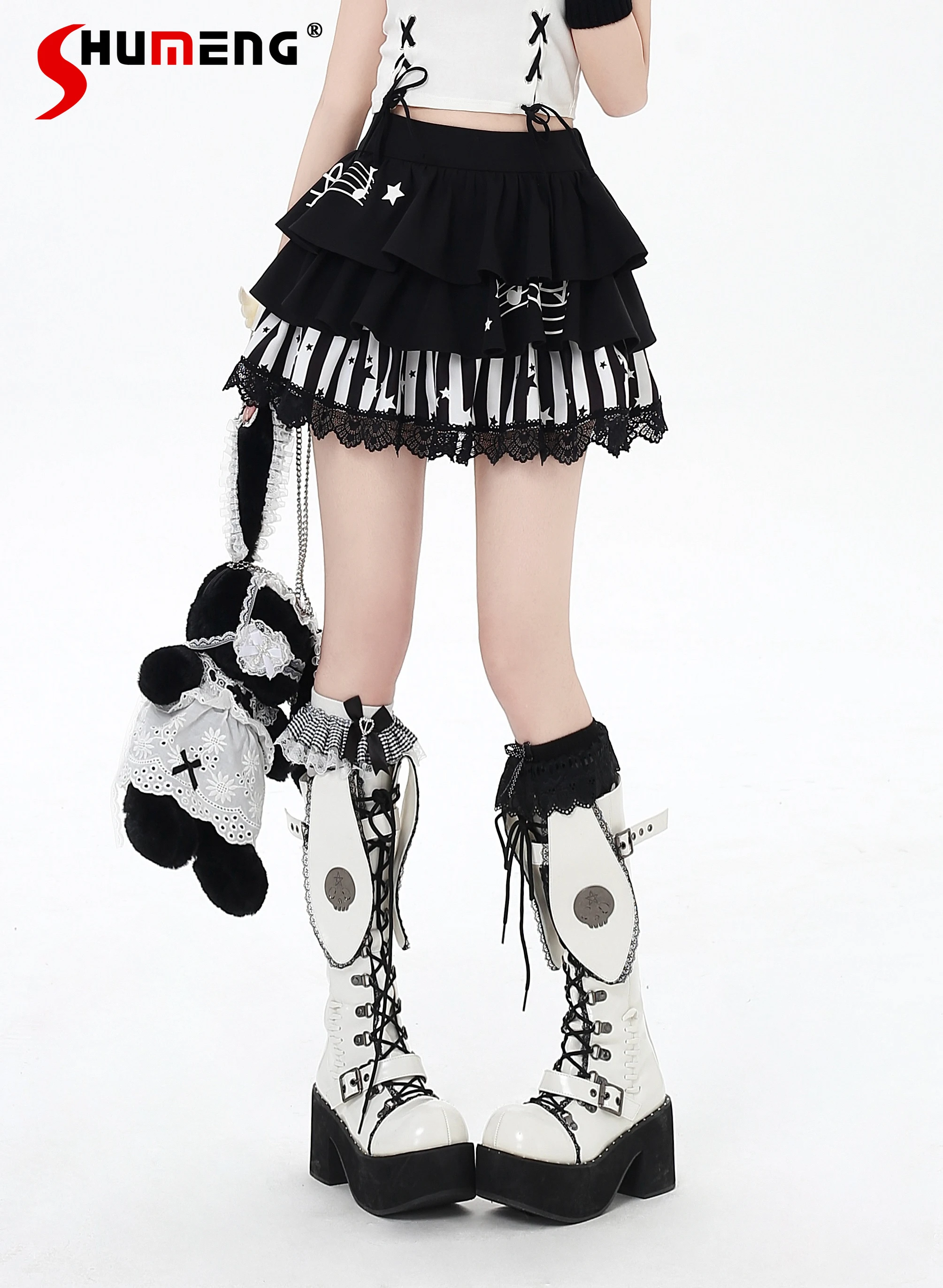 

Original Japanese Sweet Cute Girl Y2K Short Skirts High Waist Lace Patchwork Music Note Striped Versatile Cake Mini Skirt Women