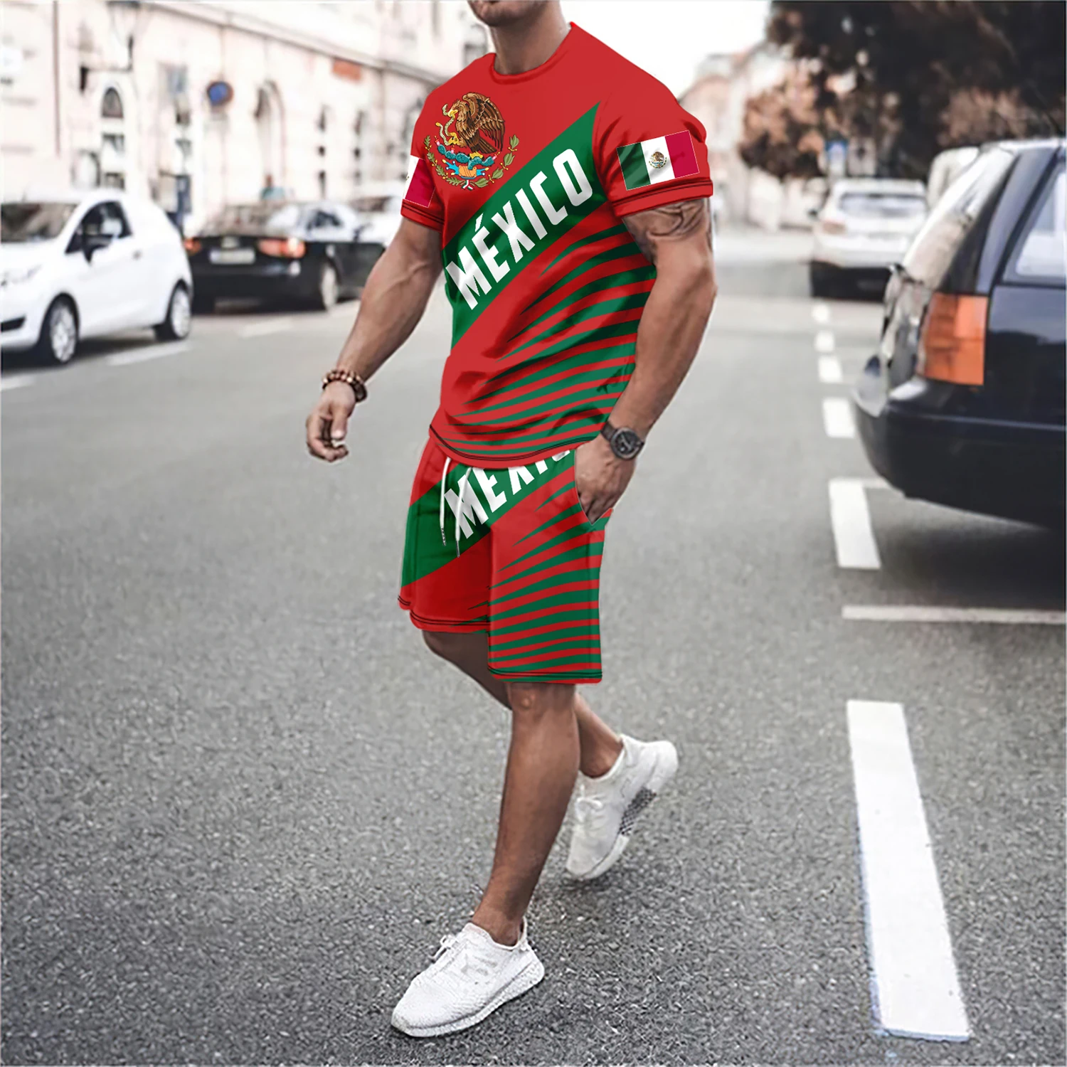 Trend Men\'s Suit Summer Fashion Casual 3D Mexican Flag Pattern Loose T-shirt Shorts 2-Piece Set Men\'s Breathable Sports Clothing