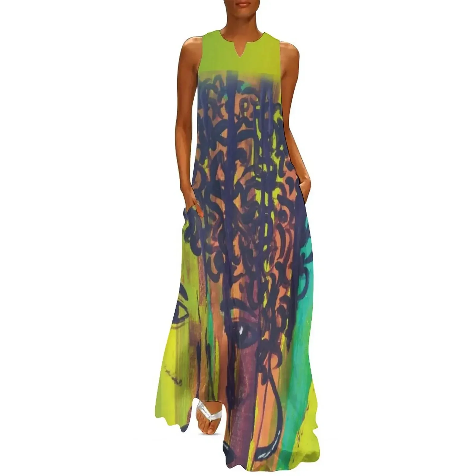 

Abstract Acrylic Painting Curly Haired Girl Gradient Background Long Dress Dance dresses dresses for official occasions Dress