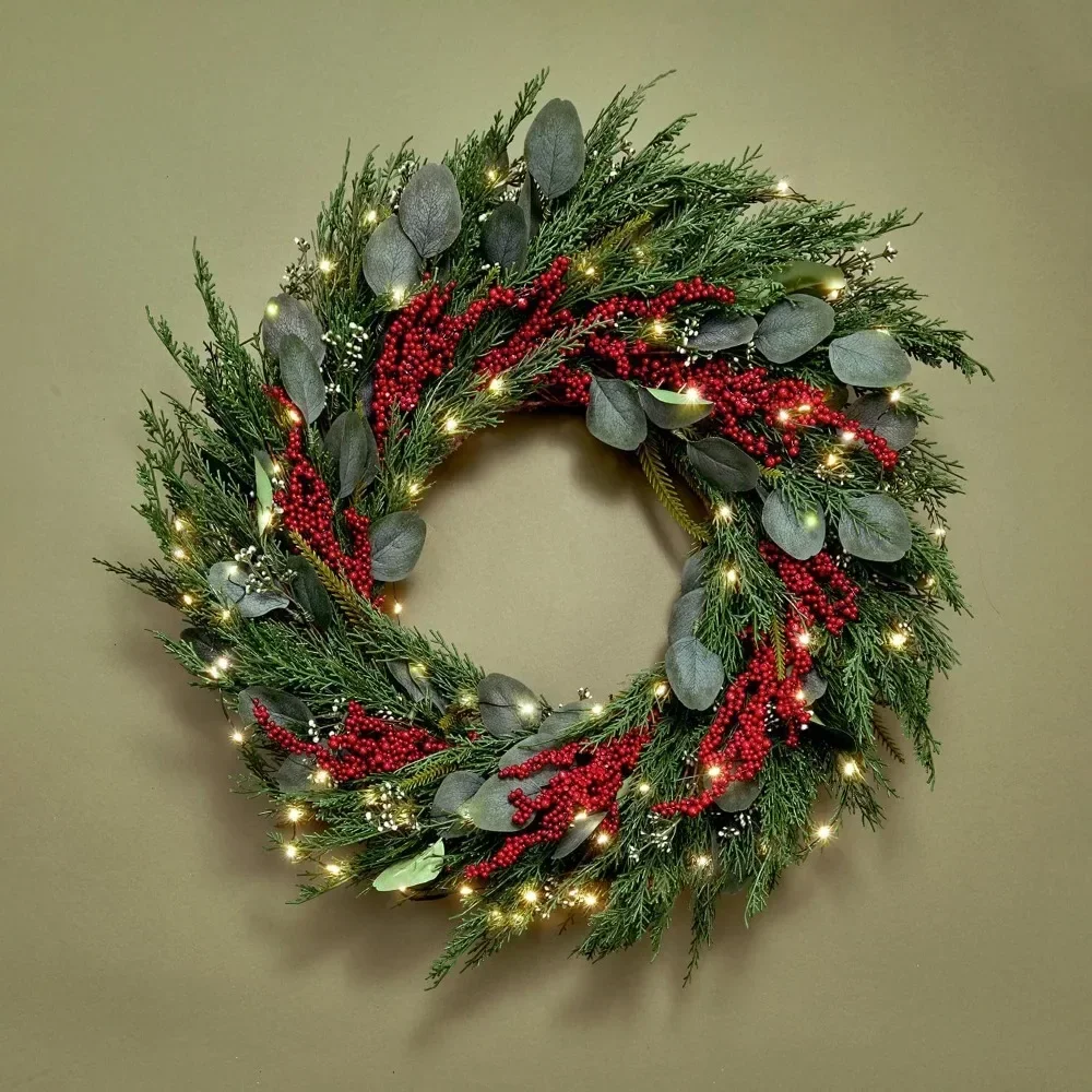 

Christmas Wreath, Front Door 24 Inch Eucalyptus and Cypress Green Wreath with Red Berries 100 LED Timer Lights Christmas Wreath