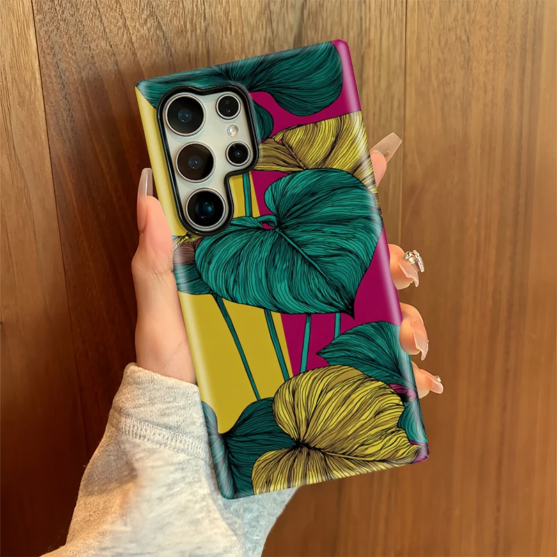 Fcicicase S25 الترا موضة يترك طباعة جراب هاتف لسامسونج غالاكسي S24 زائد S20 FE S23 A56 A26 A36 A16 ماتي PC غطاء من البولي يوريثان