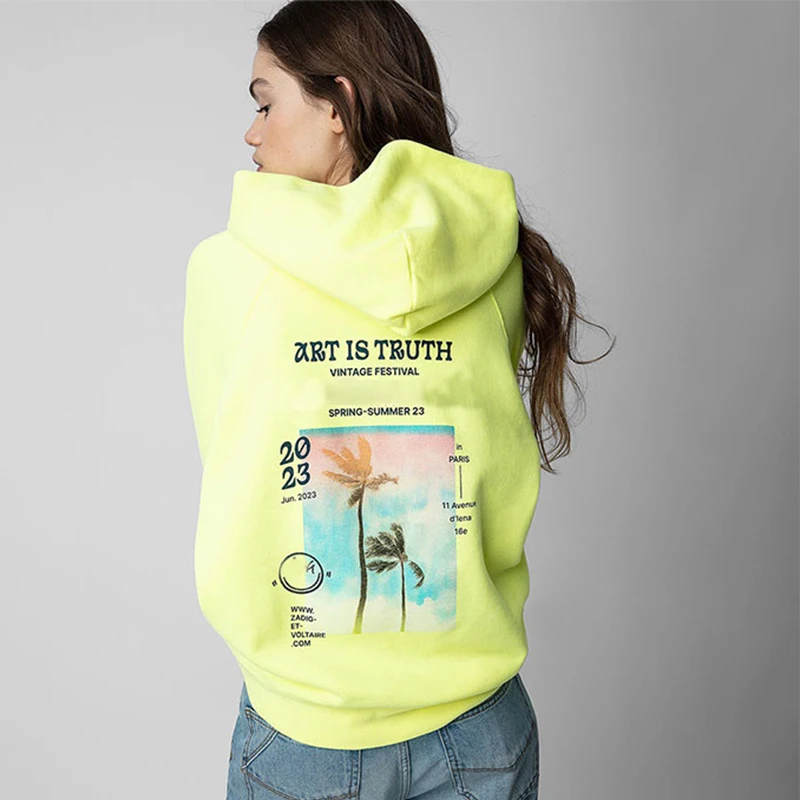 Zadig Female Hoodies Cotton Coconut Tree Hooded Sweatshirt Women Casual Small Winged Tops Fashion Fluorescent Green Pullovers